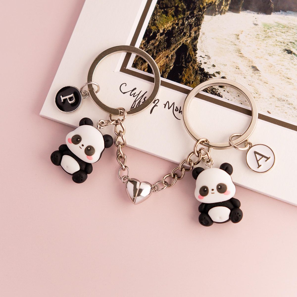 Cute Panda Couple Keychain with Initial Charm
