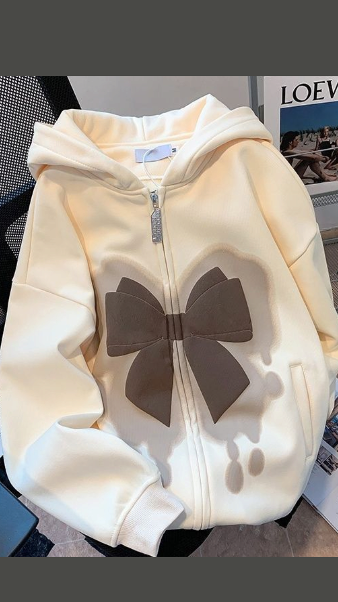 Women’s Cream Bow Print Zip-Up Hoodie